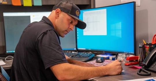 roofing working on paperwork