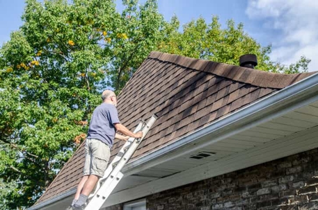 man on a ladder looking at the roof